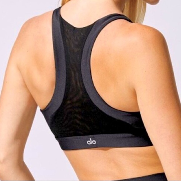 NWT ALO YOGA BLACK EMBODY CONTOUR SPORTS BRA ACTIVEWEAR MESH LOGO CROP TOP SHIRT - Picture 2 of 4